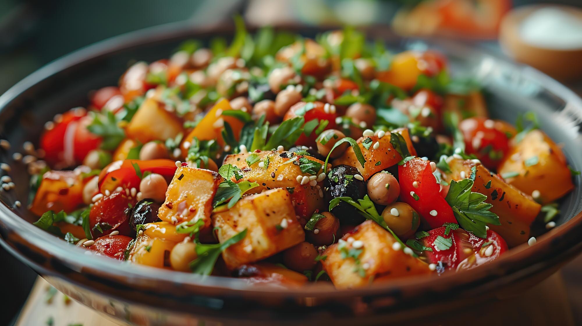 Vegetarisk sallad med rostade grönsaker och örter