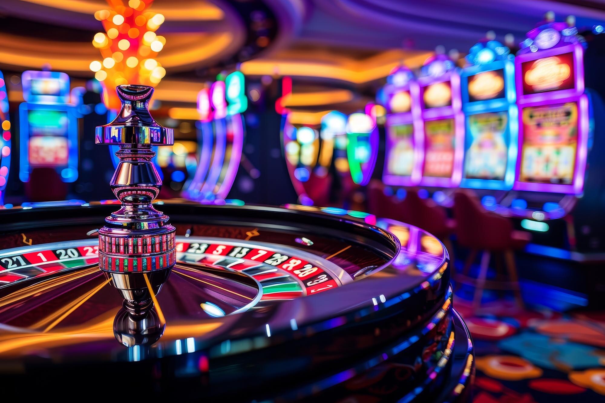 Närbild av ett roulettehjul omgivet av färgglada spelautomater i en livlig casinomiljö