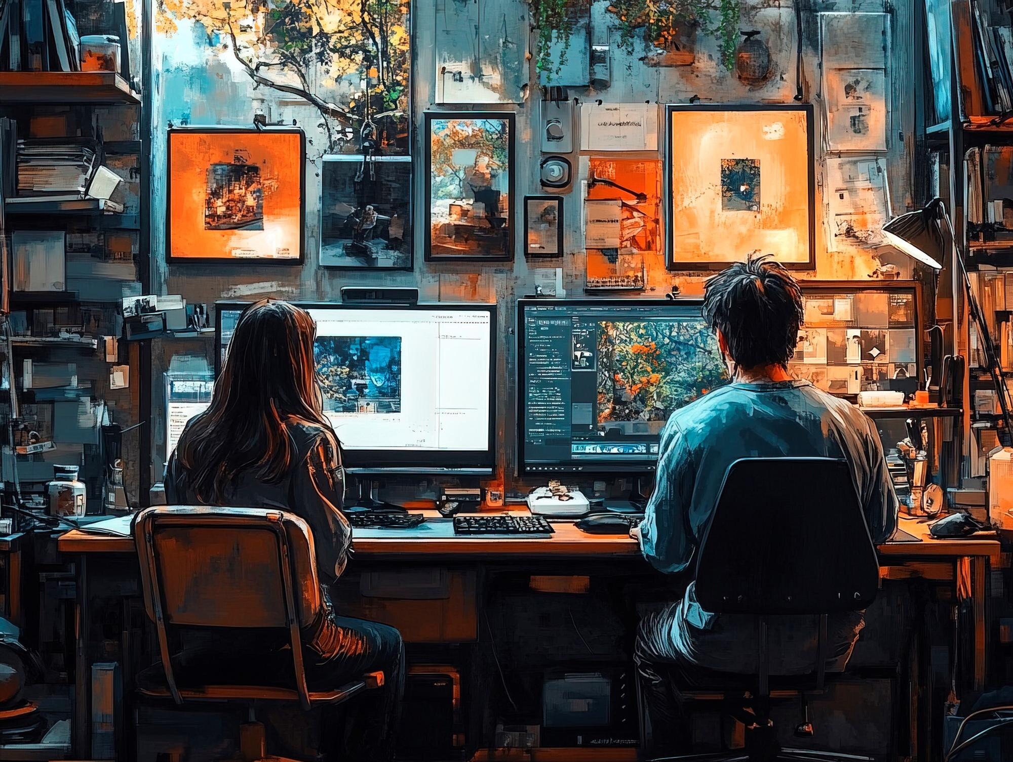 Kreatörer arbetar med digital konst och videoredigering i en studio, som illustration till ChatGPTs bildgenerator