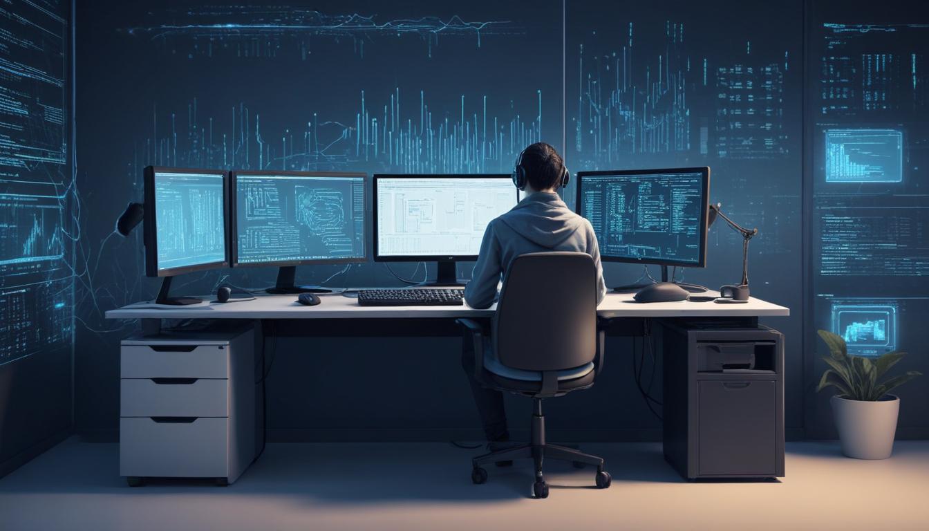 Illustration av en AI-kodassistent med terminal, kodpaneler och programmeringsmiljö