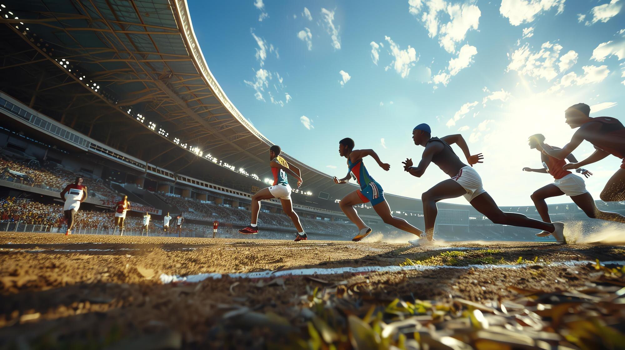Friidrottare sprintar på en bana i en stor stadion under en internationell tävling