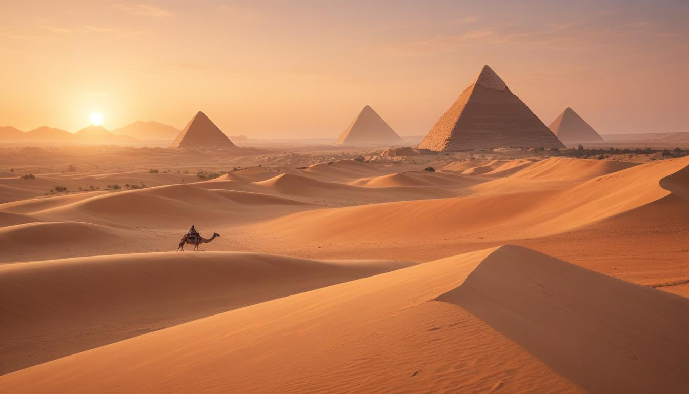 Egypten-inspirerat ökenlandskap med pyramider i varmt kvällsljus