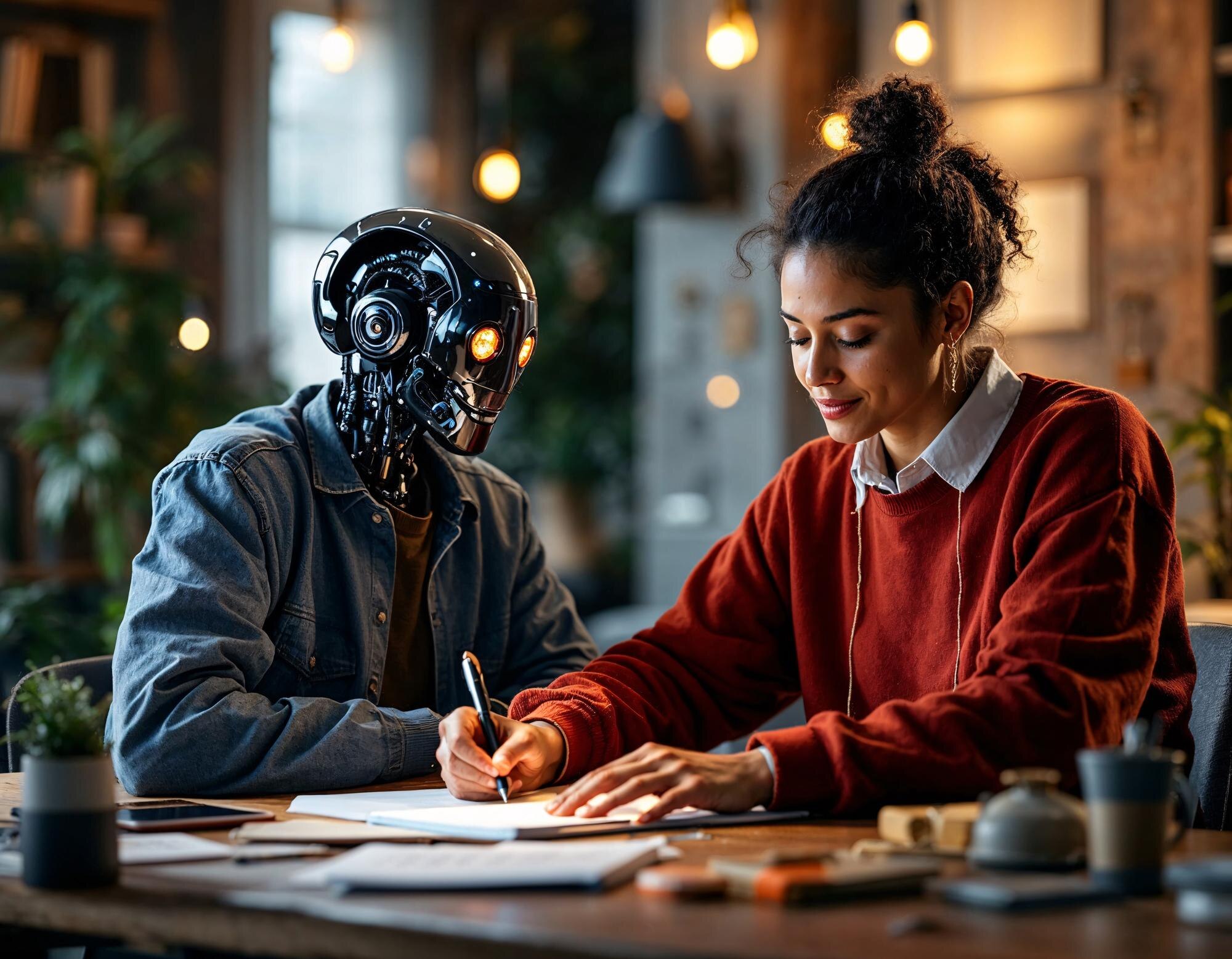 Människa och AI-robot samarbetar på en modern arbetsplats, som illustration till GPT-4.5 och naturligare AI-samtal