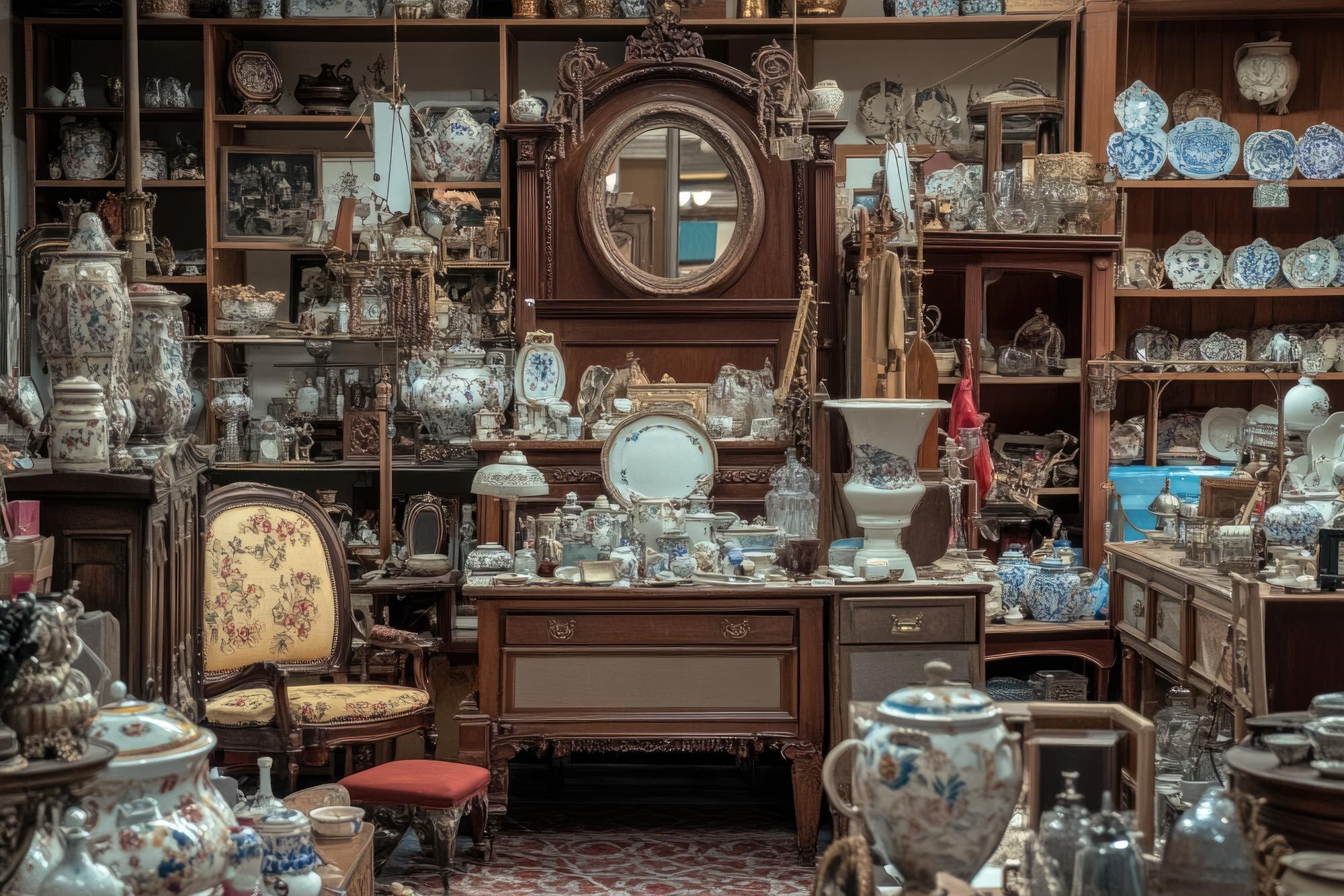 Antikviteter och designmöbler i second hand-butik som illustrerar köp av begagnade designmöbler