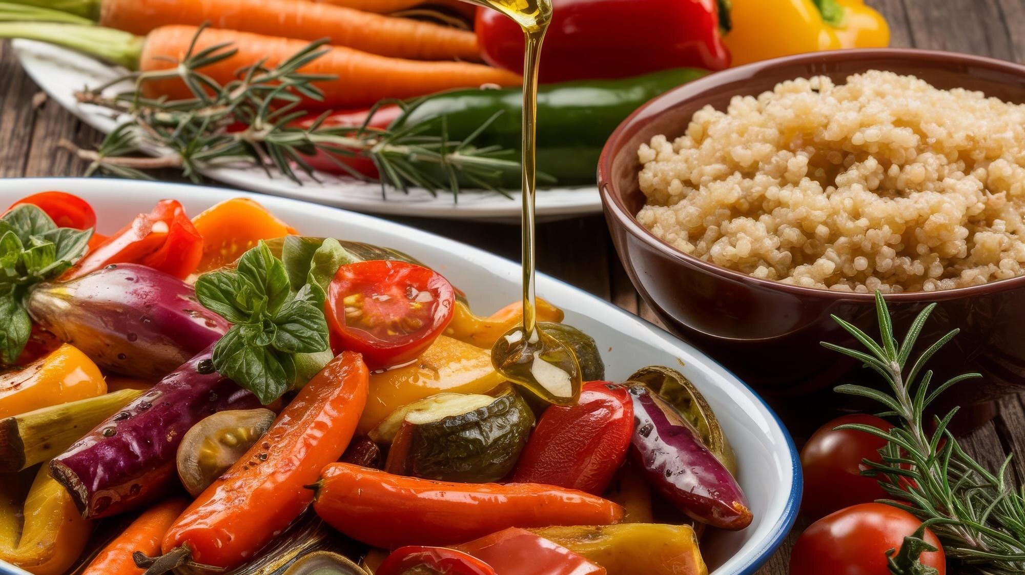 Vegetariska rätter och färgstarka ingredienser arrangerade som mattrendbild