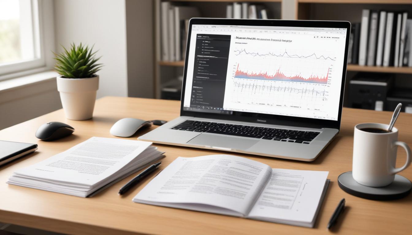 Dokument och ljudvåg på laptop som illustrerar AI-genererade ljudöversikter i NotebookLM