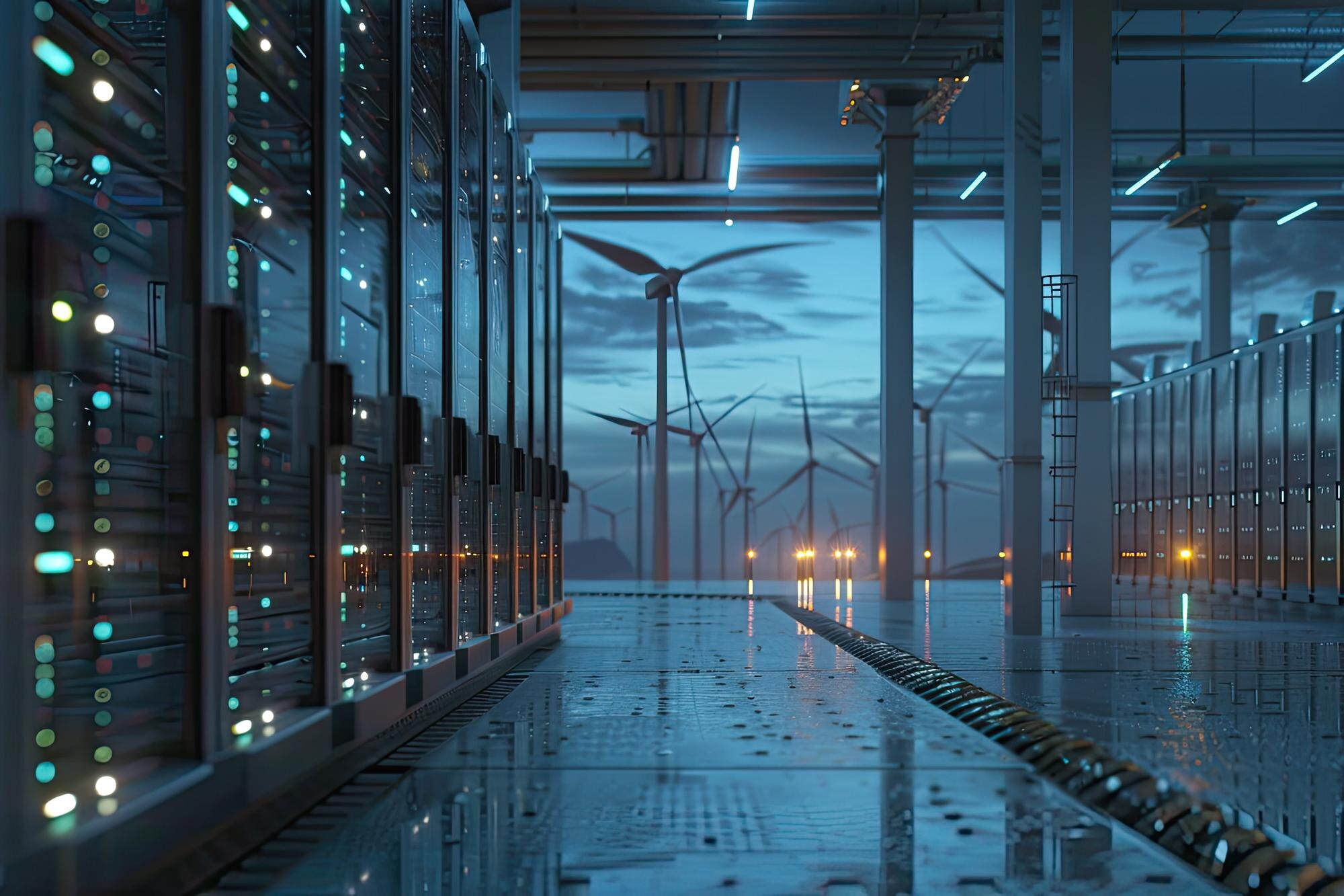 Serverrack och vindkraftverk som illustrerar elbehovet bakom Nvidias satsning på AI-datacenter