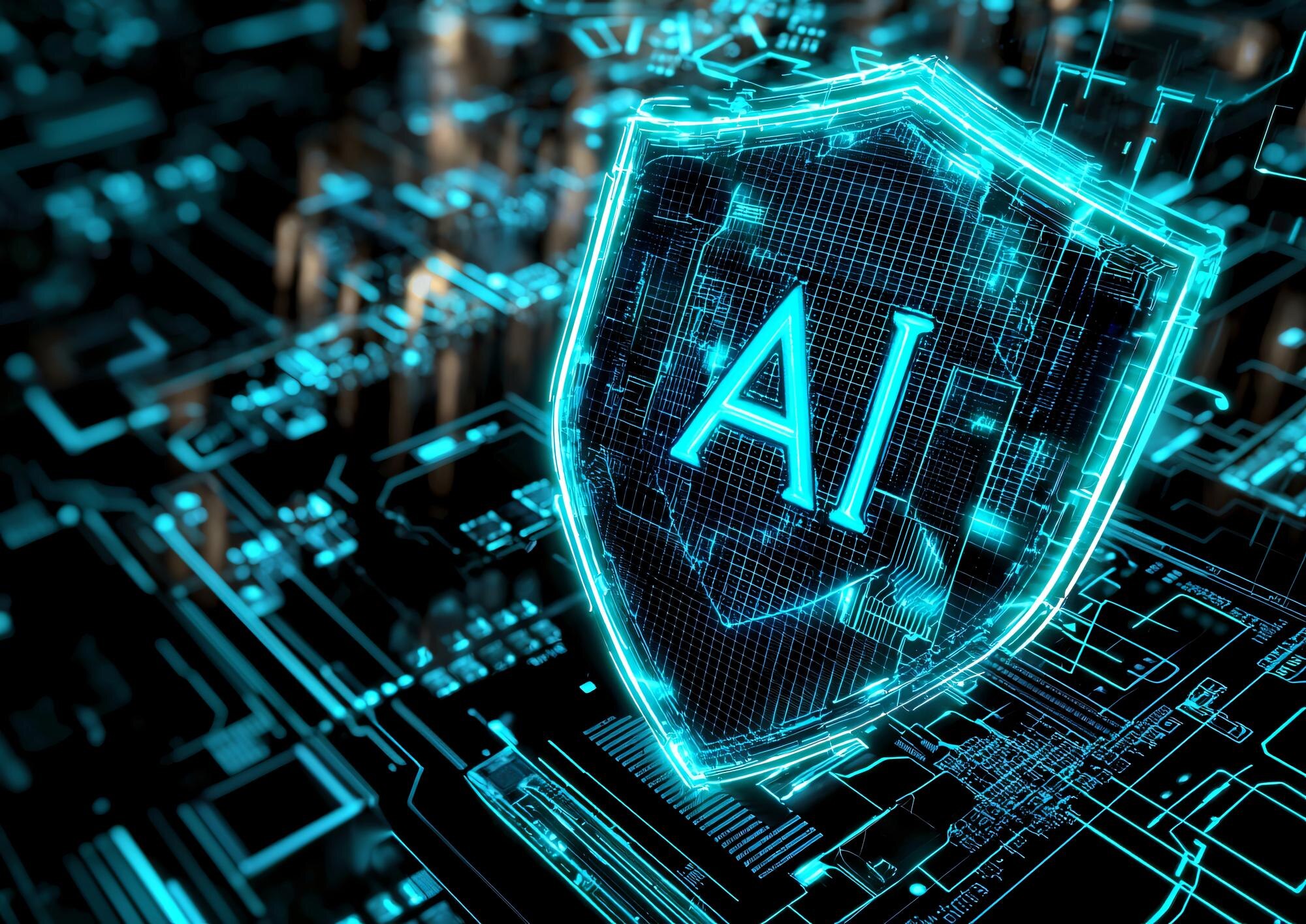 Digital AI-sköld som illustrerar OpenAI Astras avancerade cyberförmåga och skärpta säkerhetskontroller
