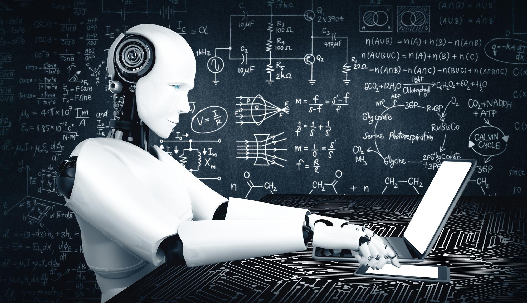 Humanoid AI-robot arbetar vid en bärbar dator med ingenjörs- och analysuppgifter, som illustration till OpenAI o3 och o4-mini