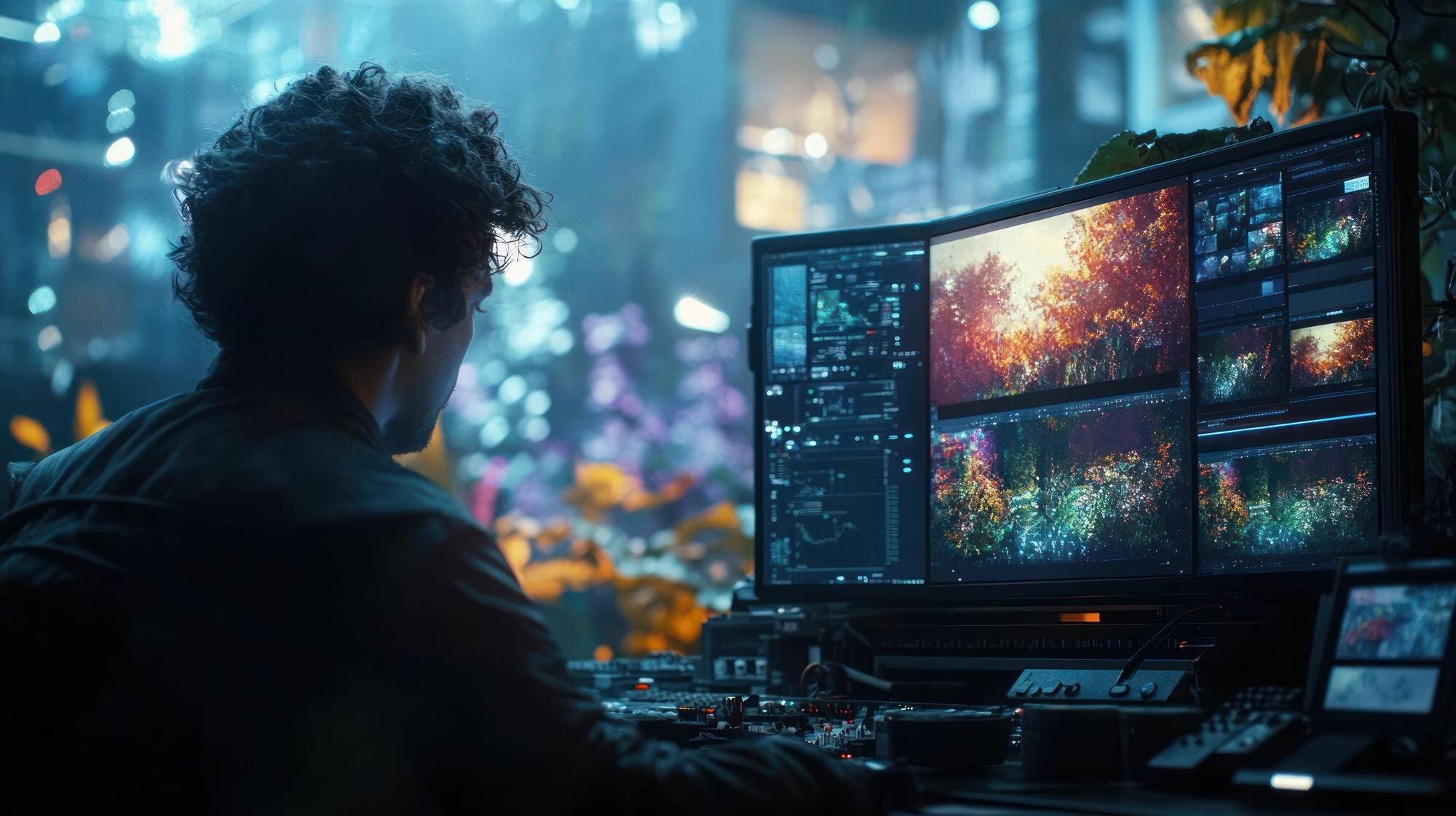 Videoredaktör granskar levande grafik i en futuristisk studio, som illustration till OpenAI Sora