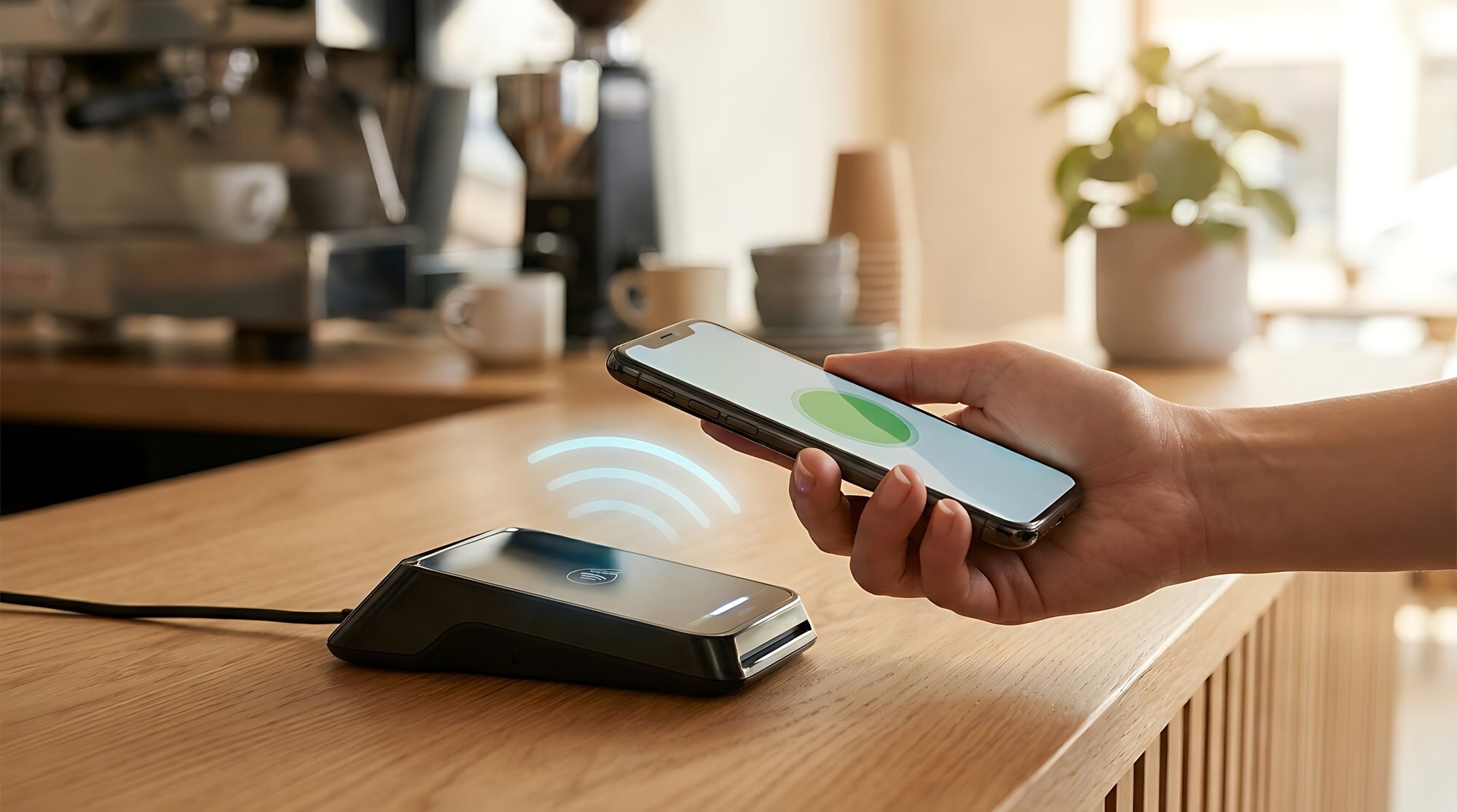 Person betalar med smartphone vid en kassaterminal – illustration till guide om Swish-problem och driftstatus