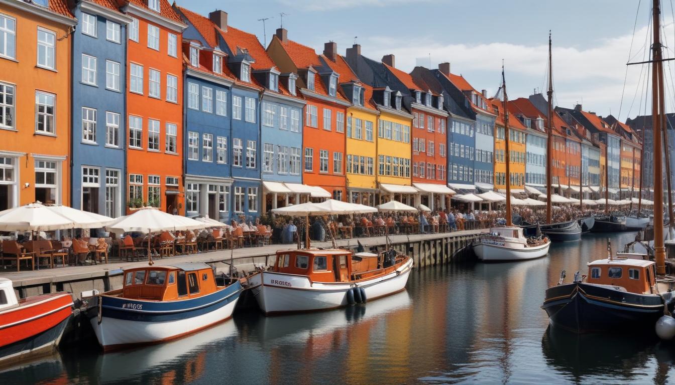 Färgglada hus och båtar längs kanalen i Nyhavn, Köpenhamn.